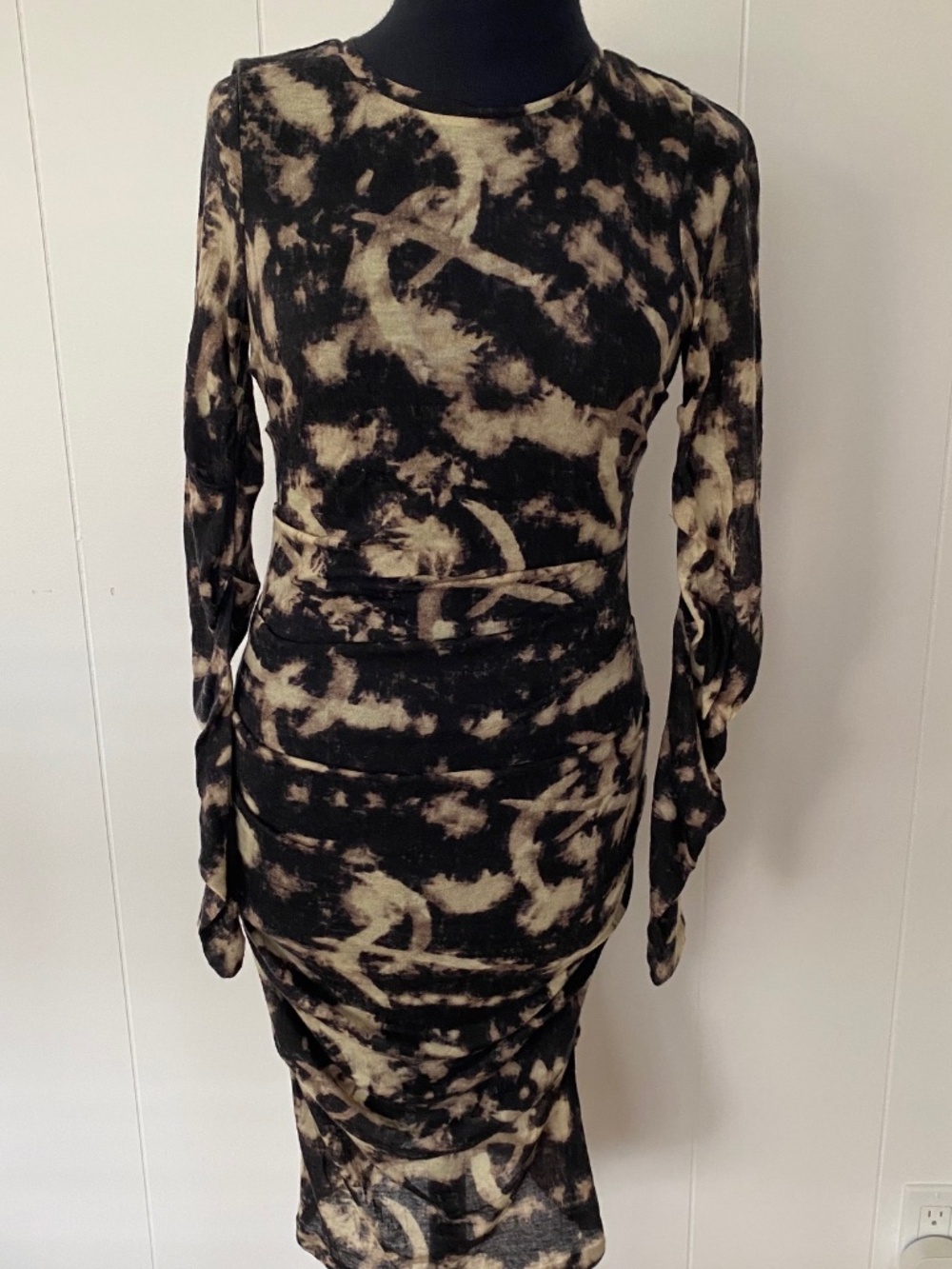 Nicole Miller Black & Beige Subversive Dye Ruched Bodycon Midi Dress, Size S